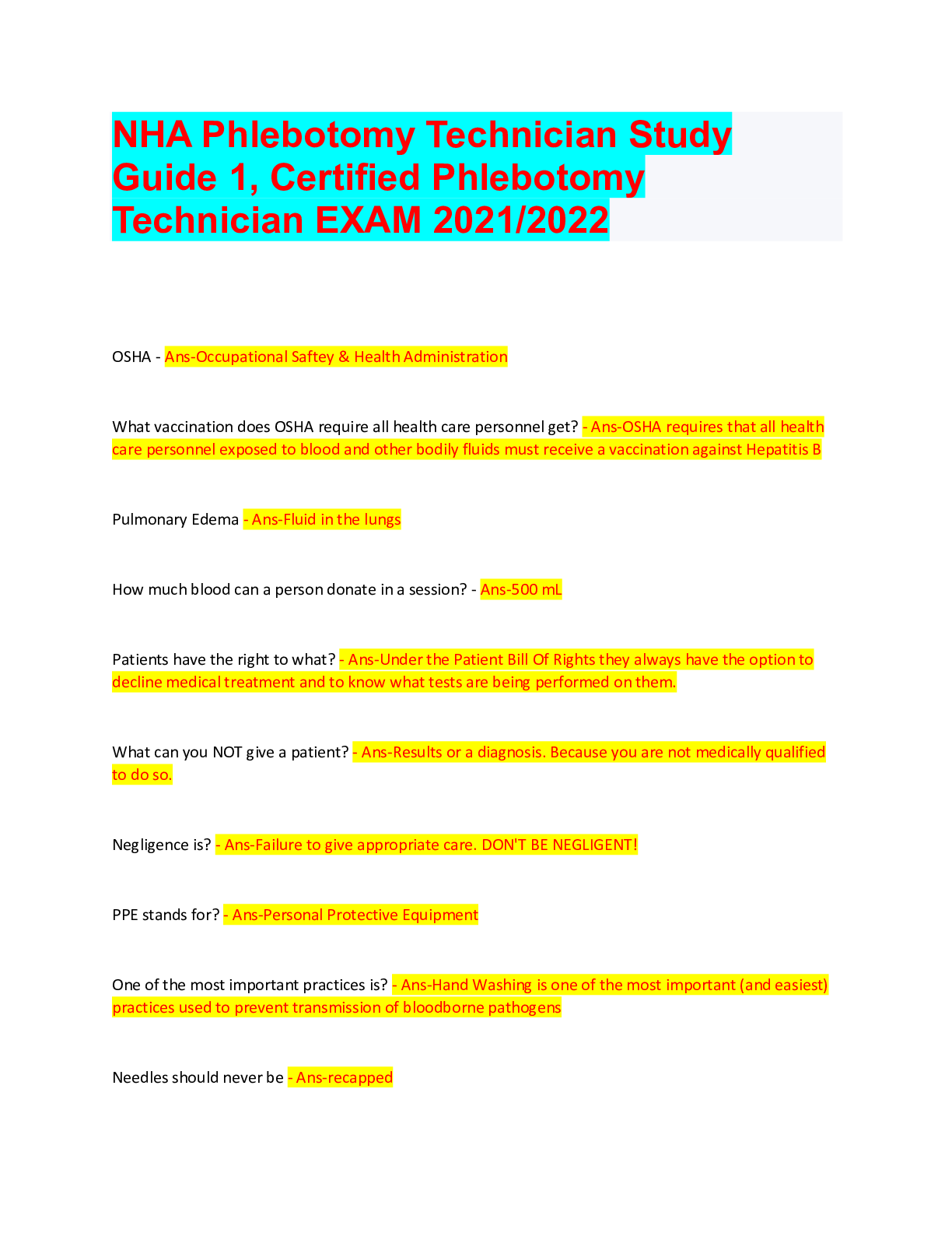 Preview of NHA Phlebotomy Technician Study Guide 1, Certified Phlebotomy Technician EXAM 2021/2022
